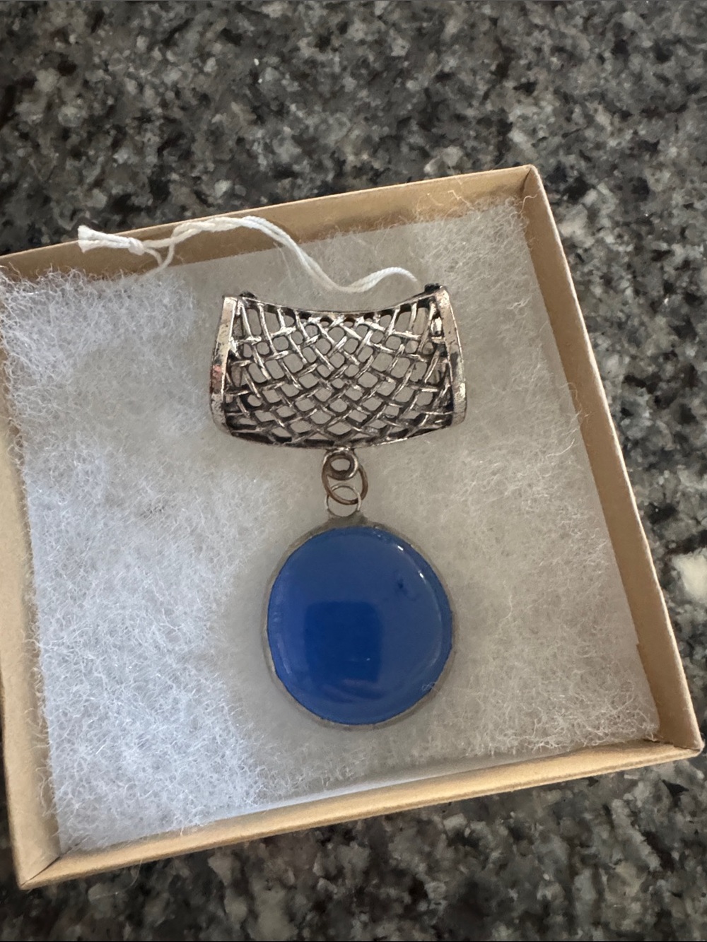 Vintage Silver Scarf Holder with Blue Glass Pendant